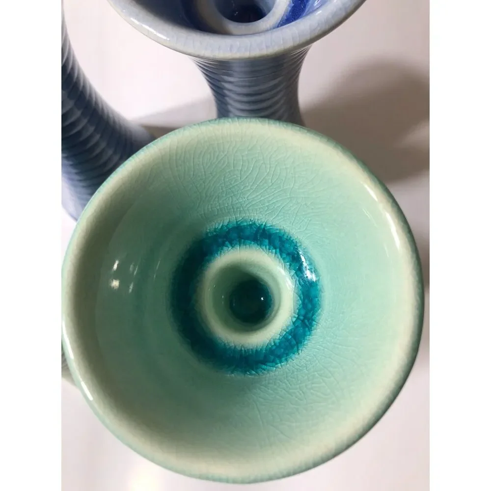 Pair Vintage IKEA Skamt Ceramic Taper Candle Holder Blue or Green Y2K Postmodern